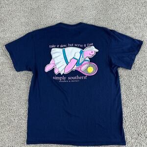 Simply Southern Shirt Womens L Blue Pink Take it Slow But Serve It Fast Tennis